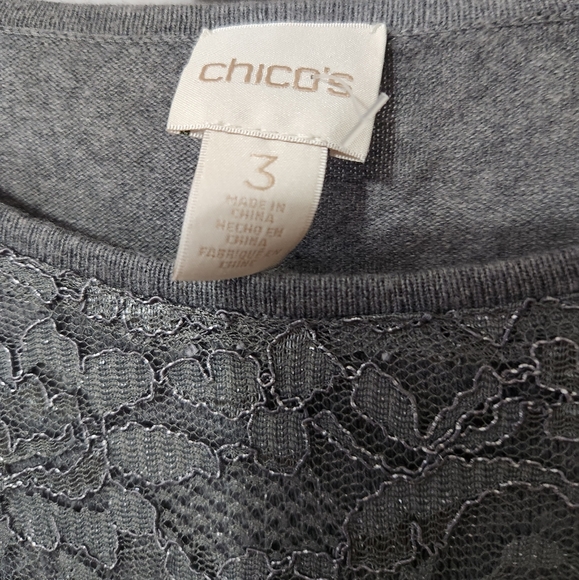 CHICO'S LACE FRONT LILY PULLOVER L/S SWEATER COLOR HEATHER GRAY SIZE 3 - Picture 3 of 5